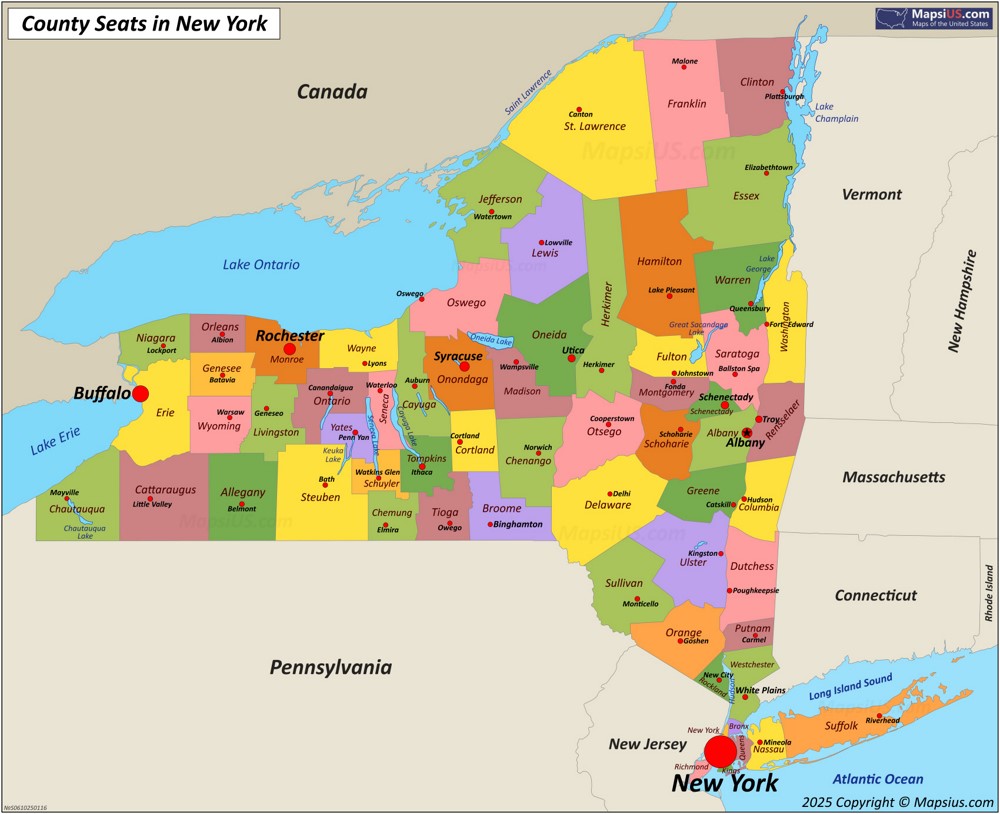 Map of Counties and County Seats in New York State Map of Counties and County Seats in New York State