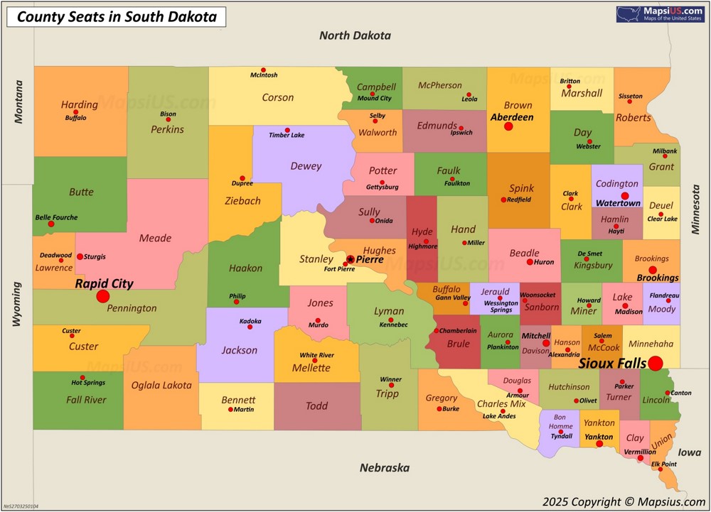 Map of Counties and County Seats in South Dakota Map of Counties and County Seats in South Dakota