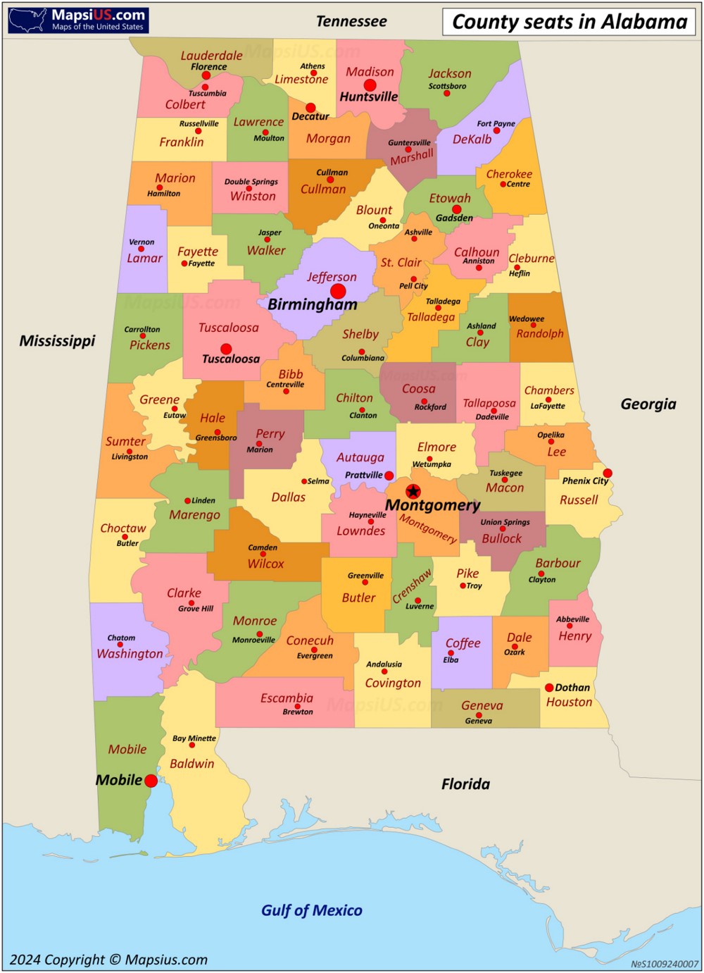 Map of Counties and County Seats in Alabama