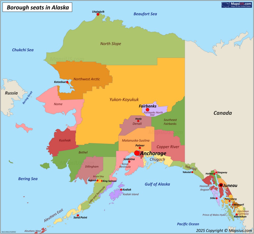 Map of Counties and Borough Seats in Alaska