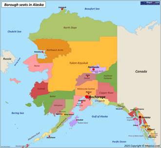 Map of boroughs and borough seats in Alaska