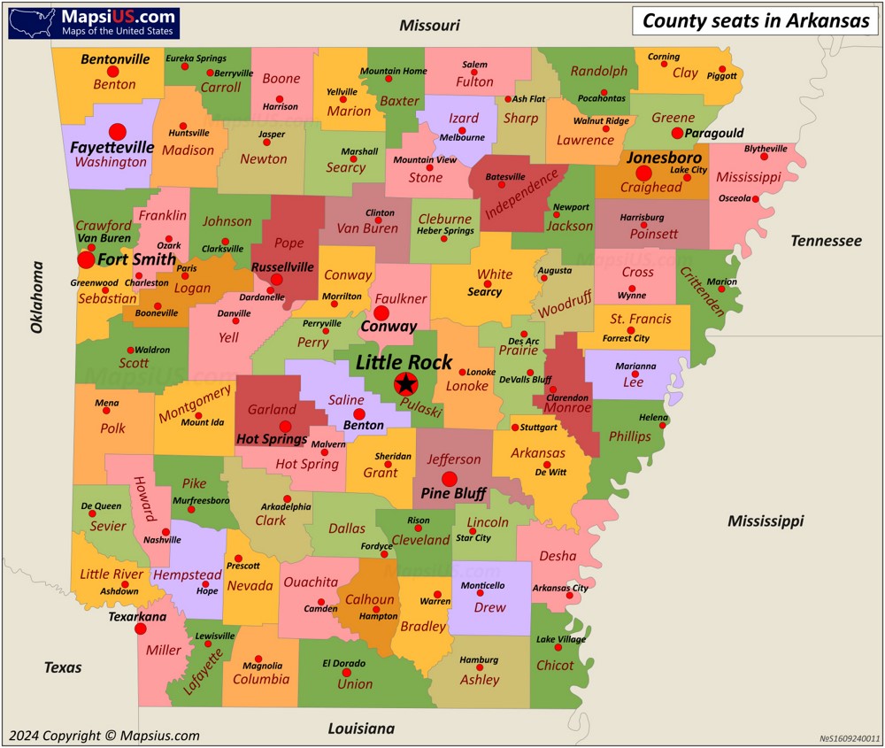 Map of Counties and County Seats in Arkansas