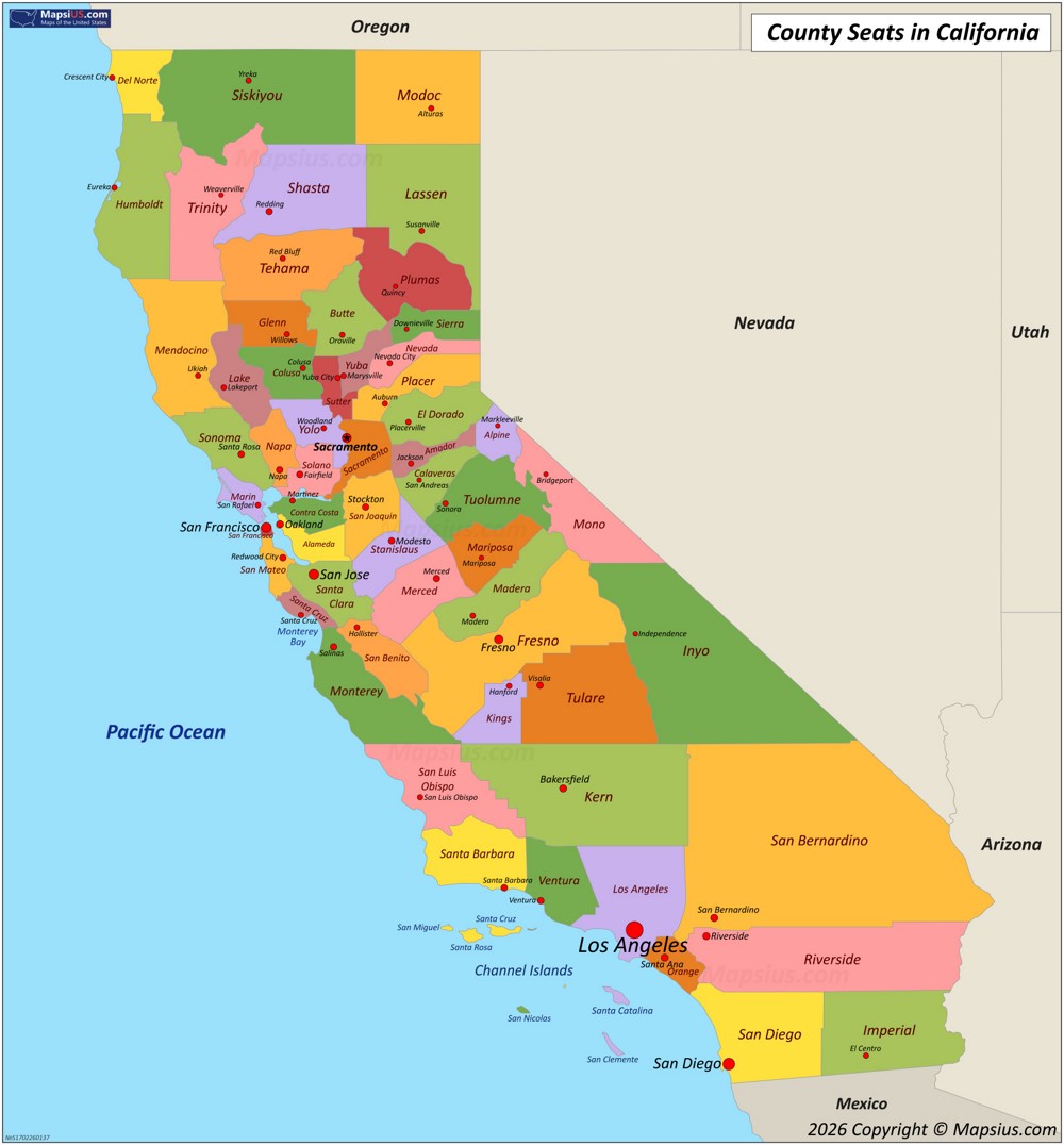 Map of Counties and County Seats in California