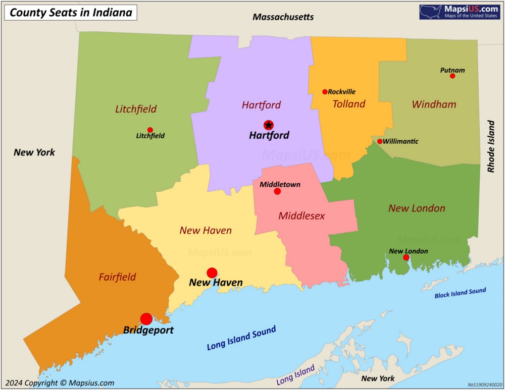 Map of Counties and County Seats in Connecticut