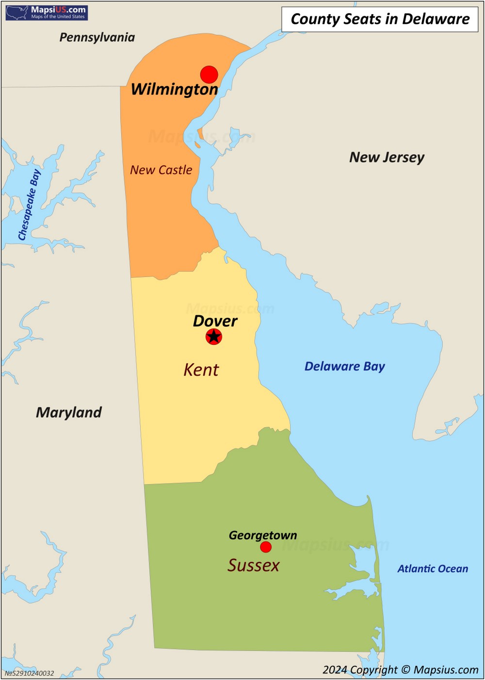 Map of Counties and County Seats in Delaware