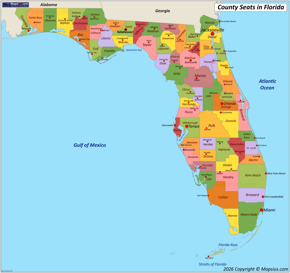 Map of Counties and County Seats in Florida