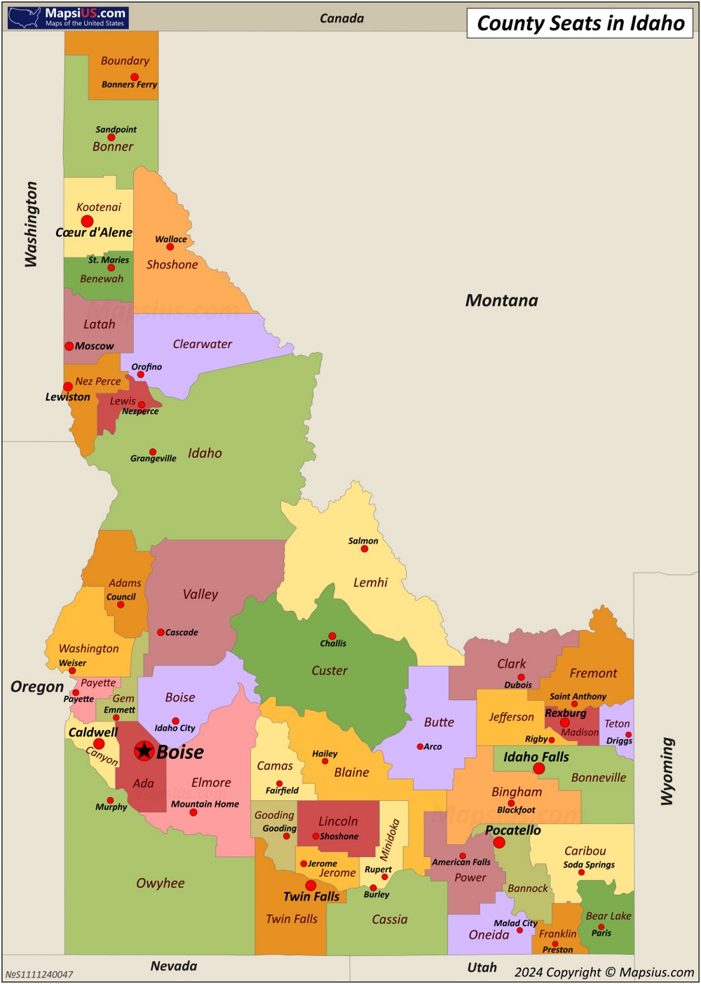 Map of Counties and County Seats in Idaho