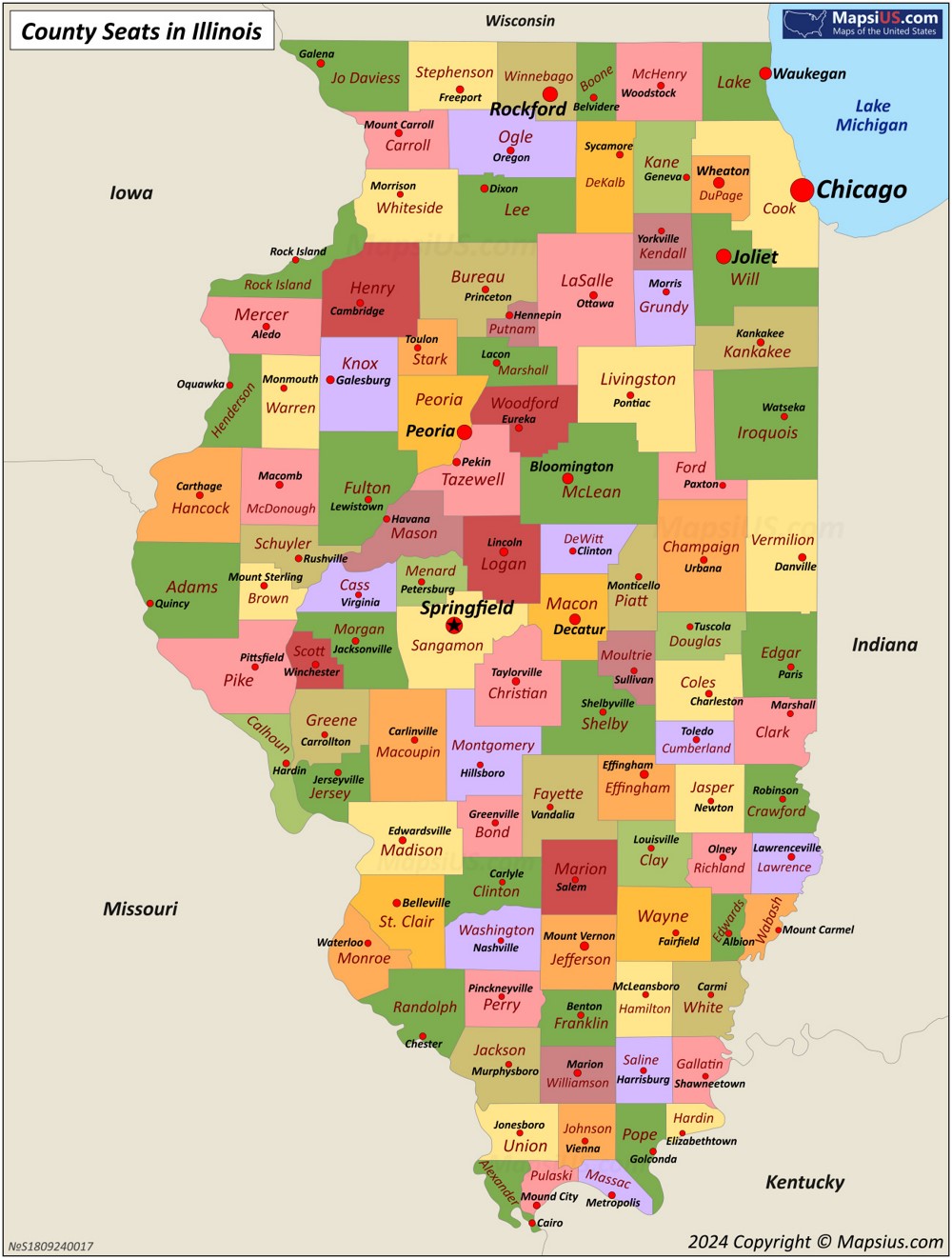 Map of Counties and County Seats in Illinois