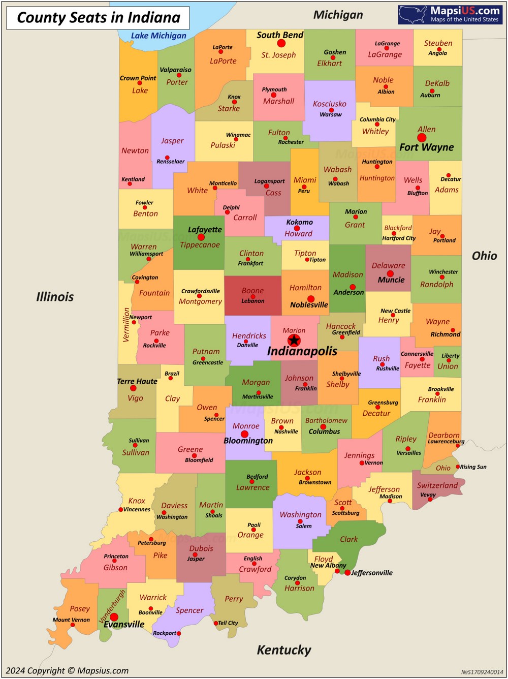 Map of Counties and County Seats in Indiana