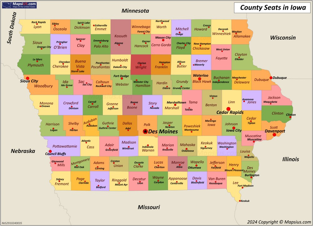 Map of Counties and County Seats in Iowa