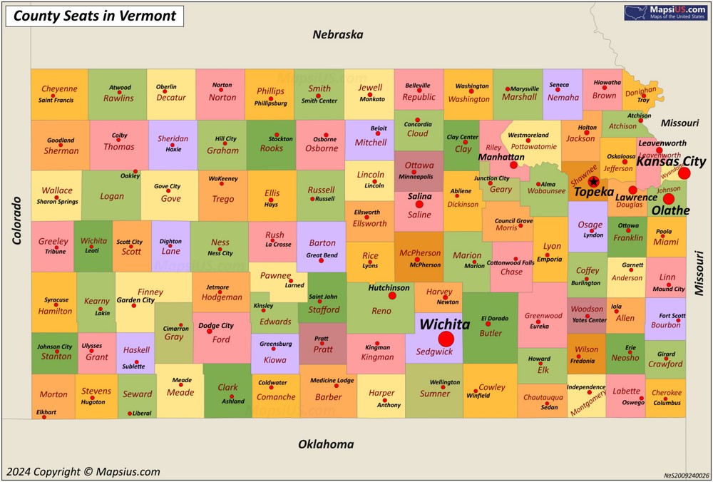 Map of Counties and County Seats in Kansas