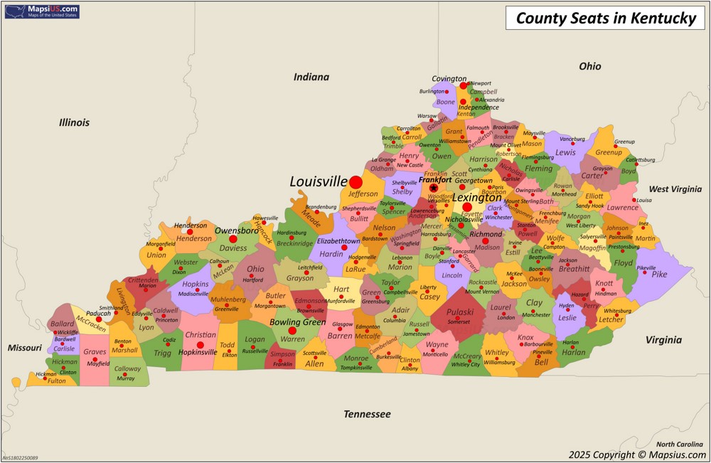 Map of Counties and County Seats in Kentucky