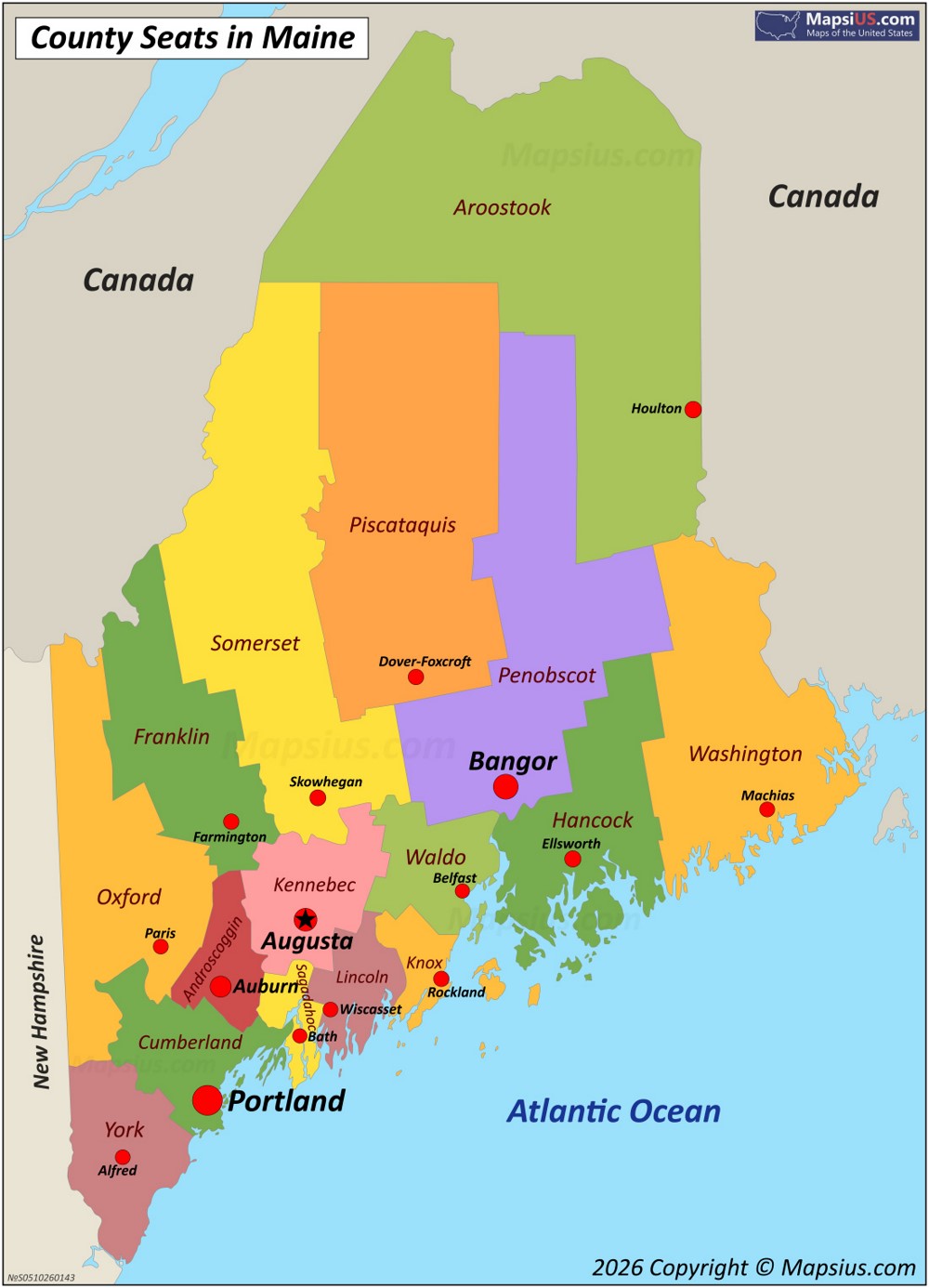Map of Counties and County Seats in Maine