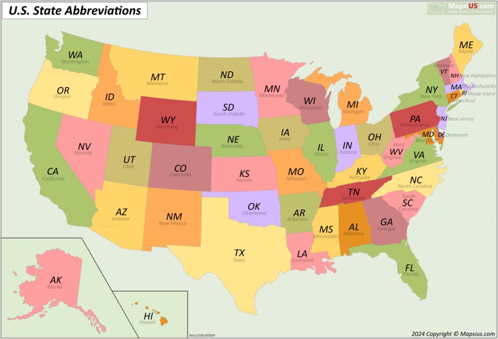 Map of U.S. State Abbreviations