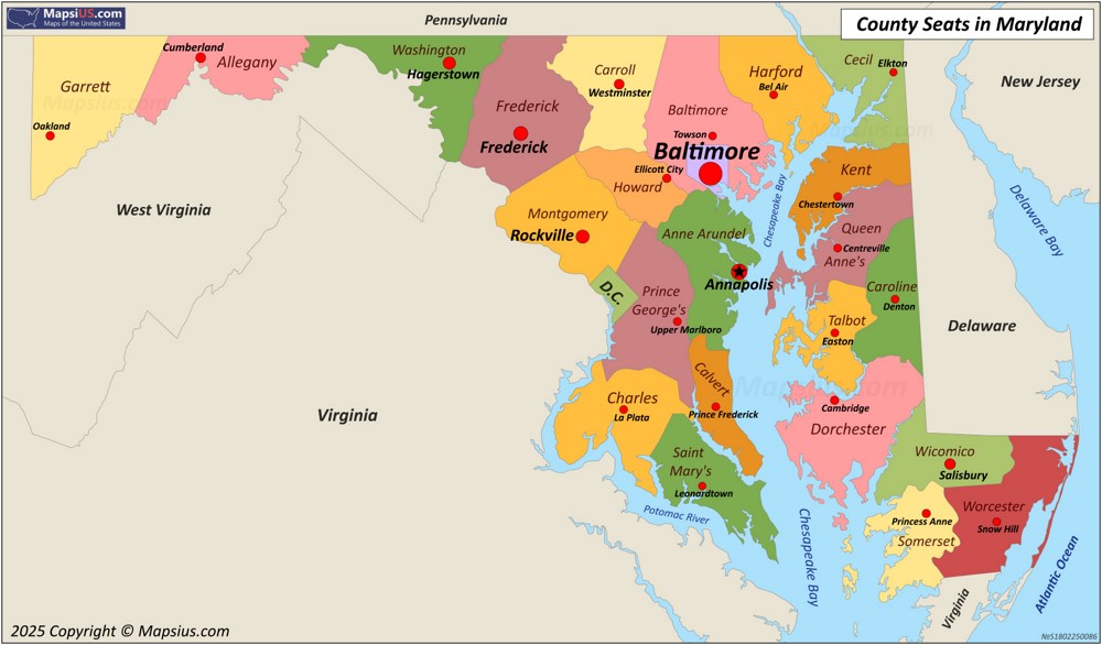 Map of Counties and County Seats in Maryland