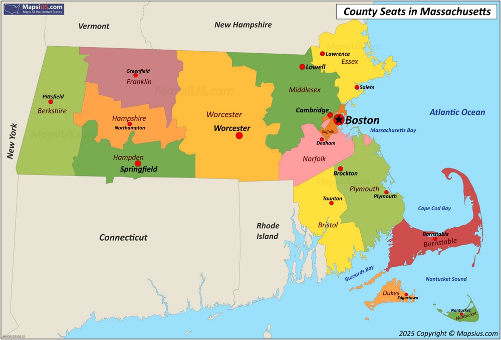 Map of Counties and County Seats in Massachusetts