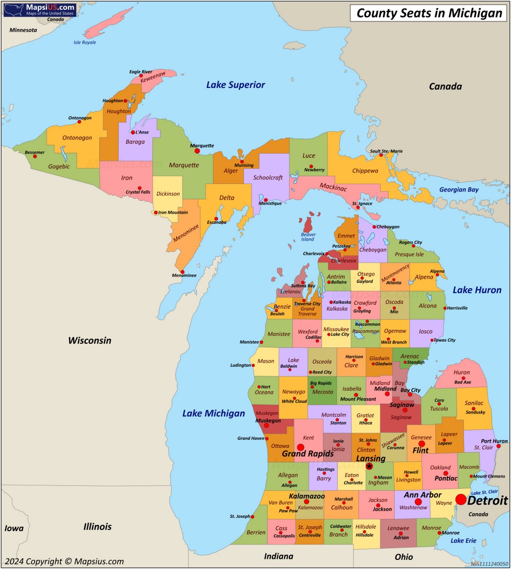 Map of Counties and County Seats in Michigan