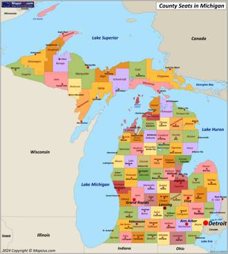 Map of counties and county seats in Michigan