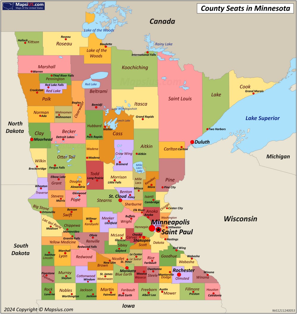 Map of Counties and County Seats in Minnesota