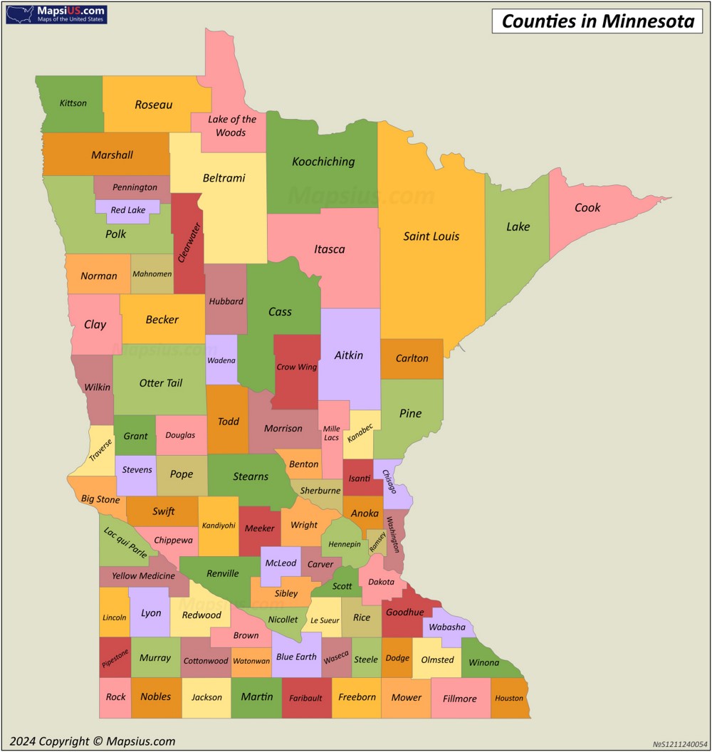 Minnesota County Map - List of counties in Minnesota - MapsiUS.com