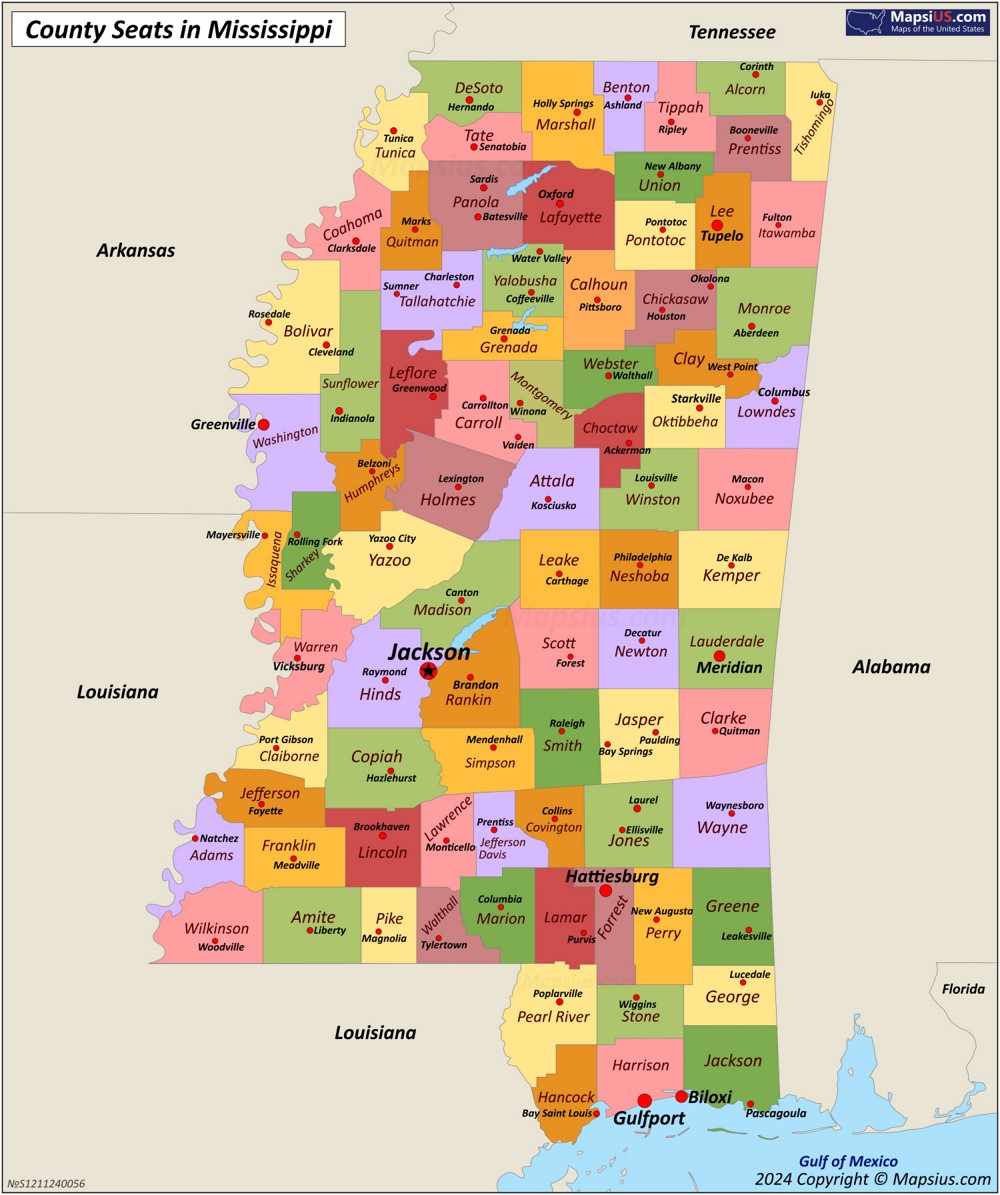 Map of Counties and County Seats in Mississippi