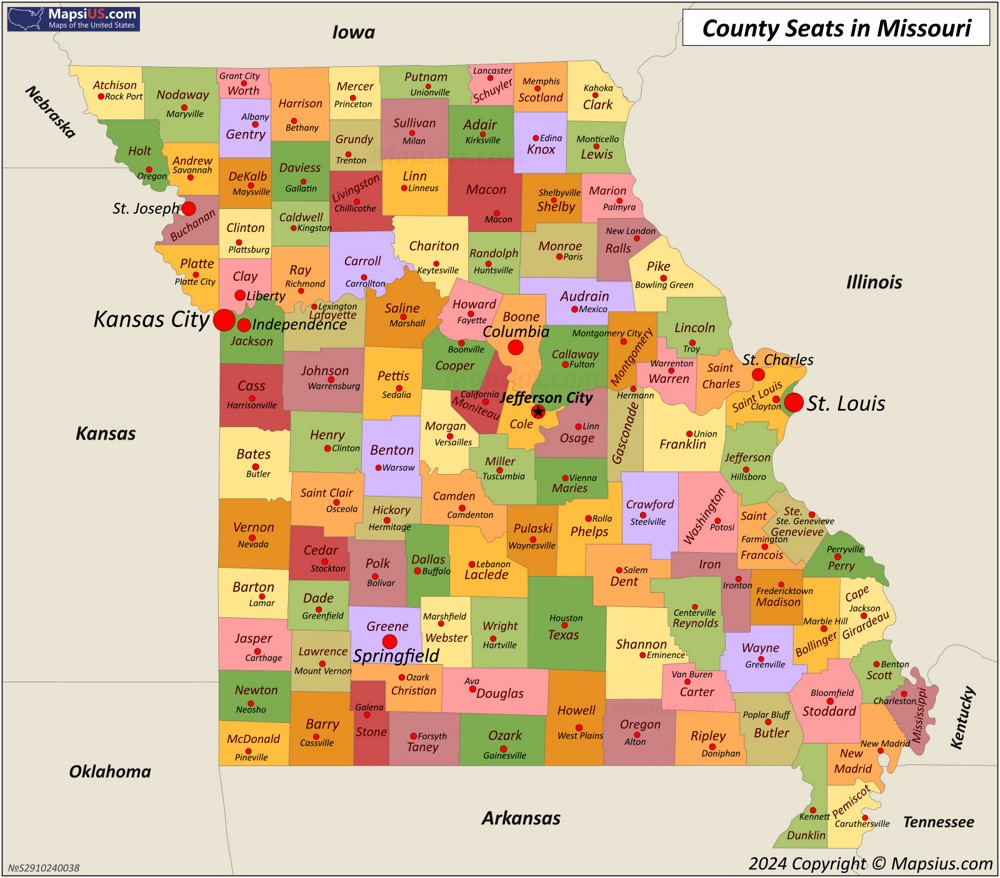 Map of Counties and County Seats in Missouri