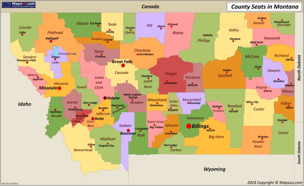 Map of Counties and County Seats in Montana