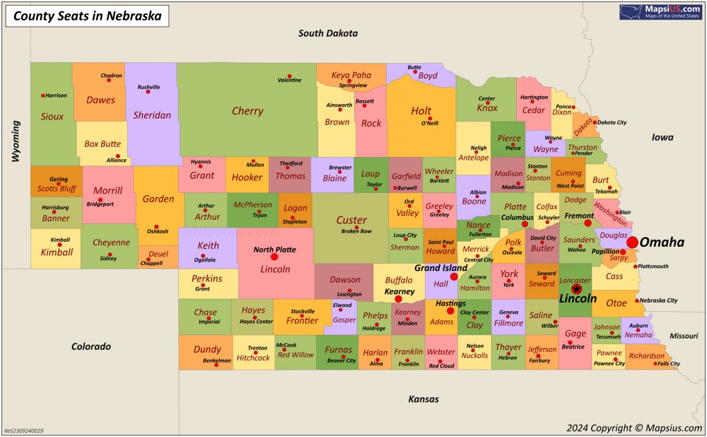 Map of Counties and County Seats in Nebraska