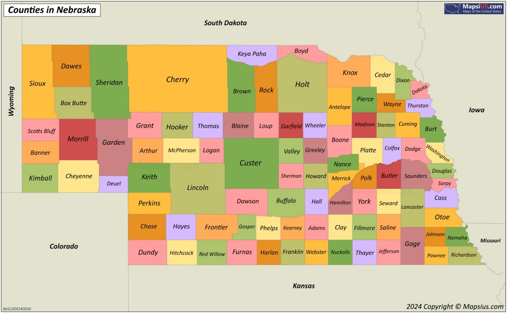 Nebraska County Map - List of counties in Nebraska - MapsiUS.com