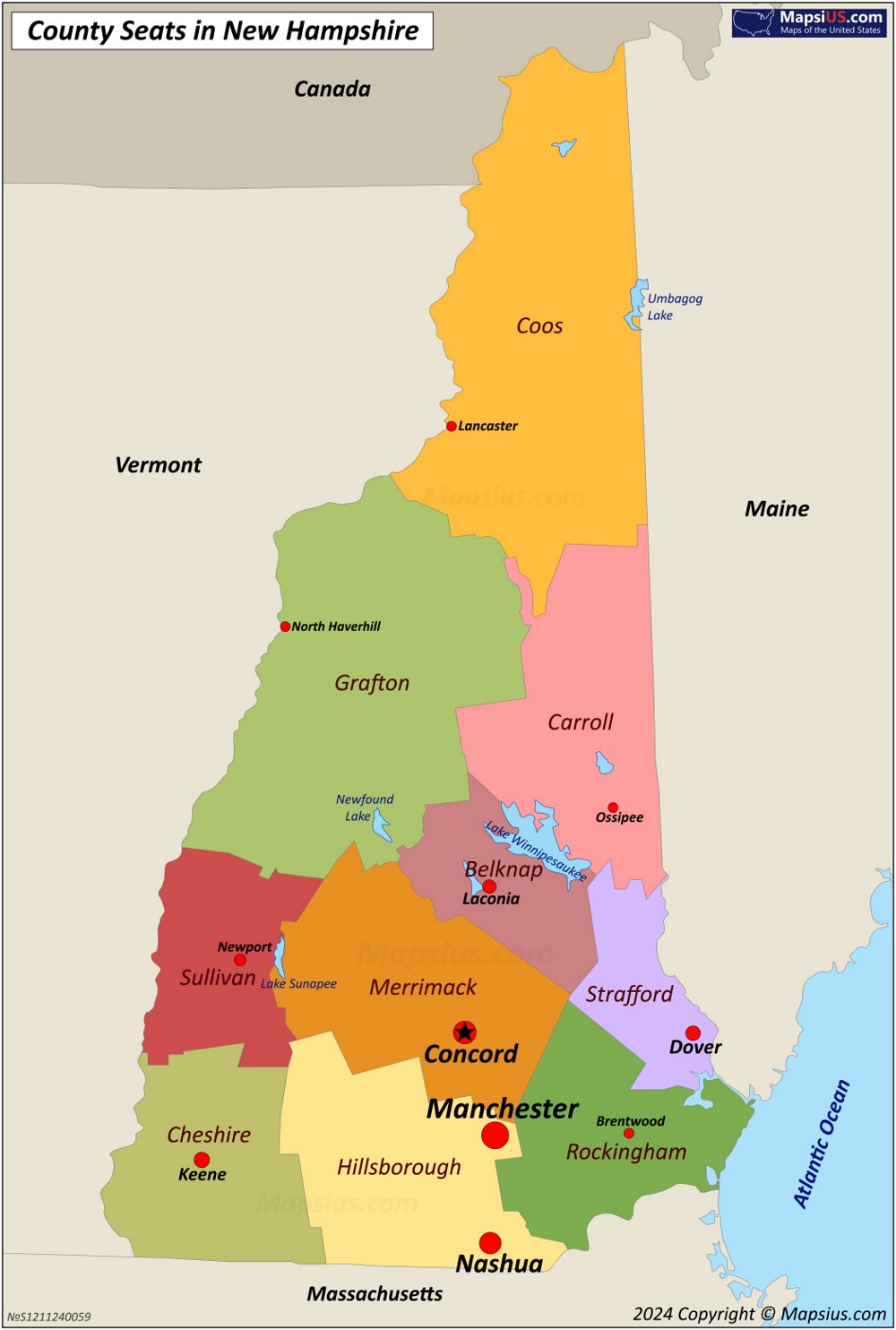 Map of Counties and County Seats in New Hampshire