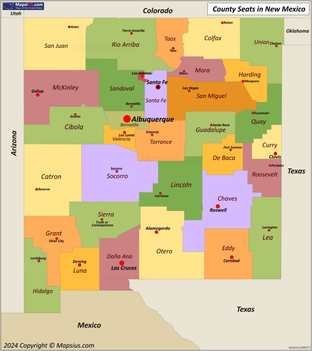 Map of Counties and County Seats in New Mexico