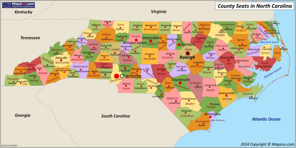 Map of Counties and County Seats in North Carolina