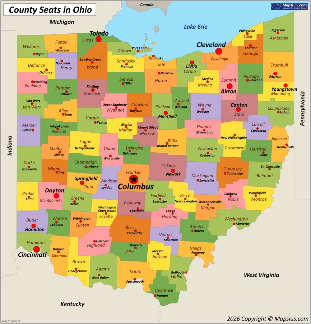 Map of Counties and County Seats in Ohio