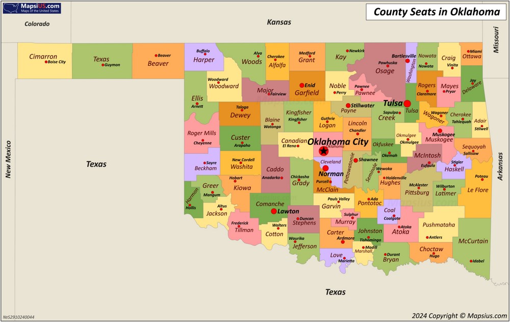 Map of Counties and County Seats in Oklahoma