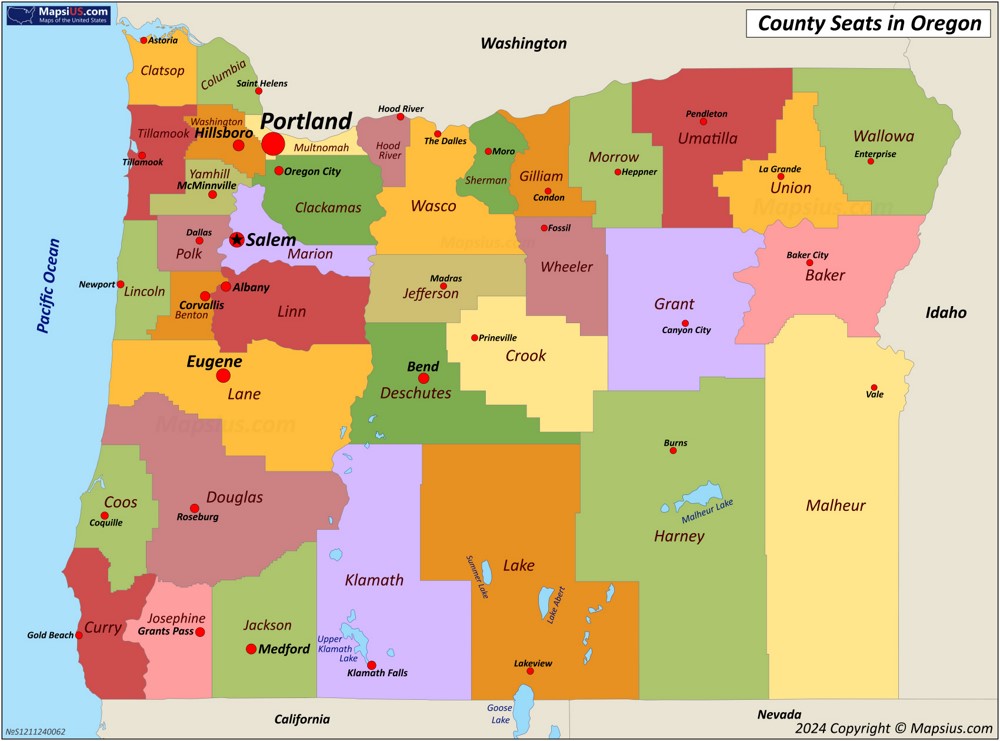 Map of Counties and County Seats in Oregon