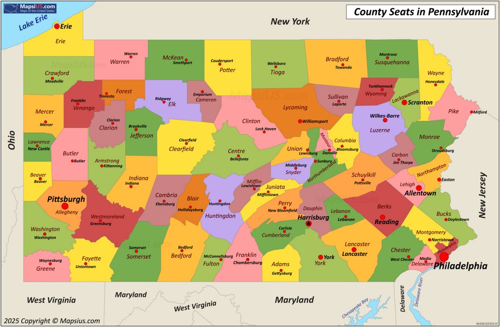 Map of Counties and County Seats in Pennsylvania