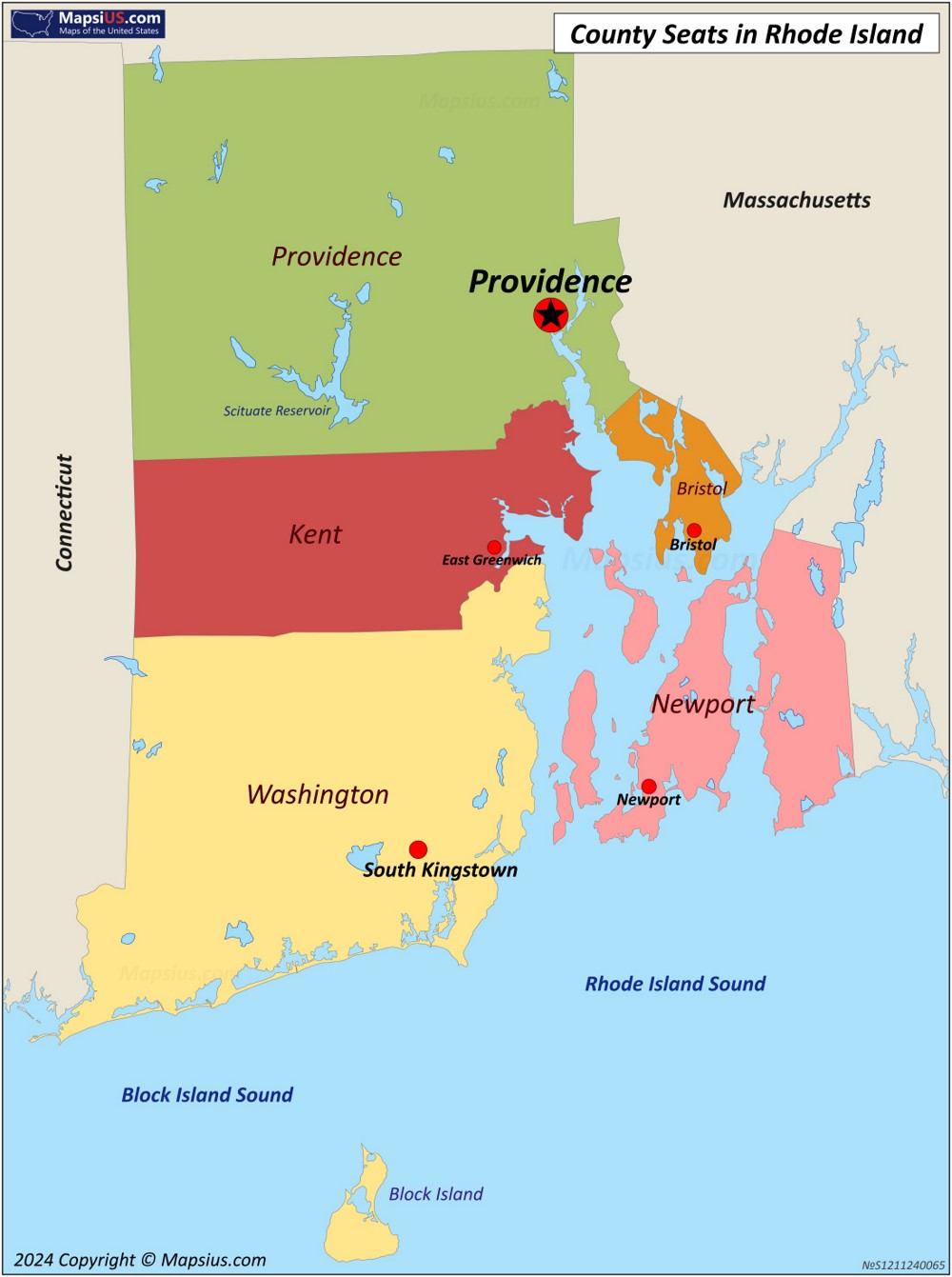 Map of Counties and County Seats in Rhode Island