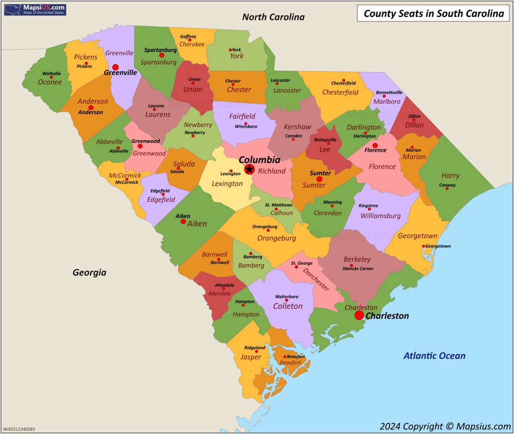 Map of Counties and County Seats in South Carolina