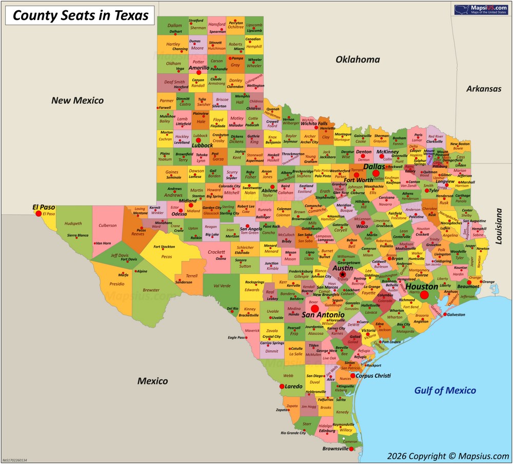 Map of Counties and County Seats in Texas