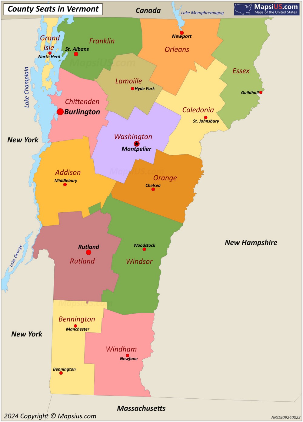 Map of Counties and County Seats in Vermont