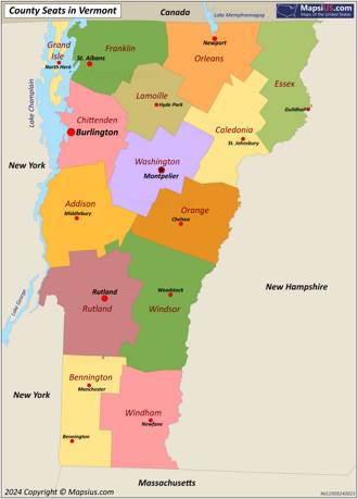 Map of counties and county seats in Vermont