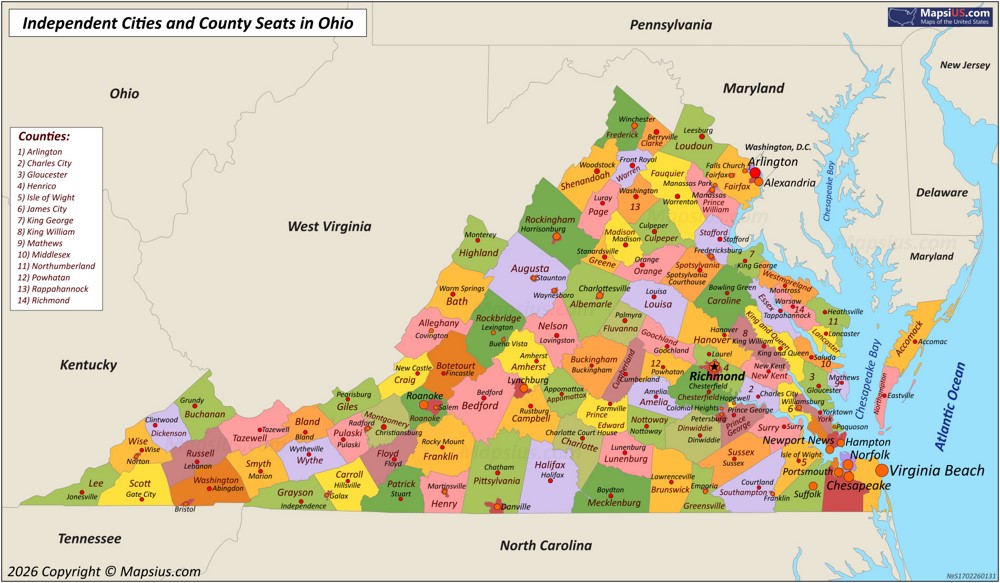 Map of Counties and County Seats in Virginia