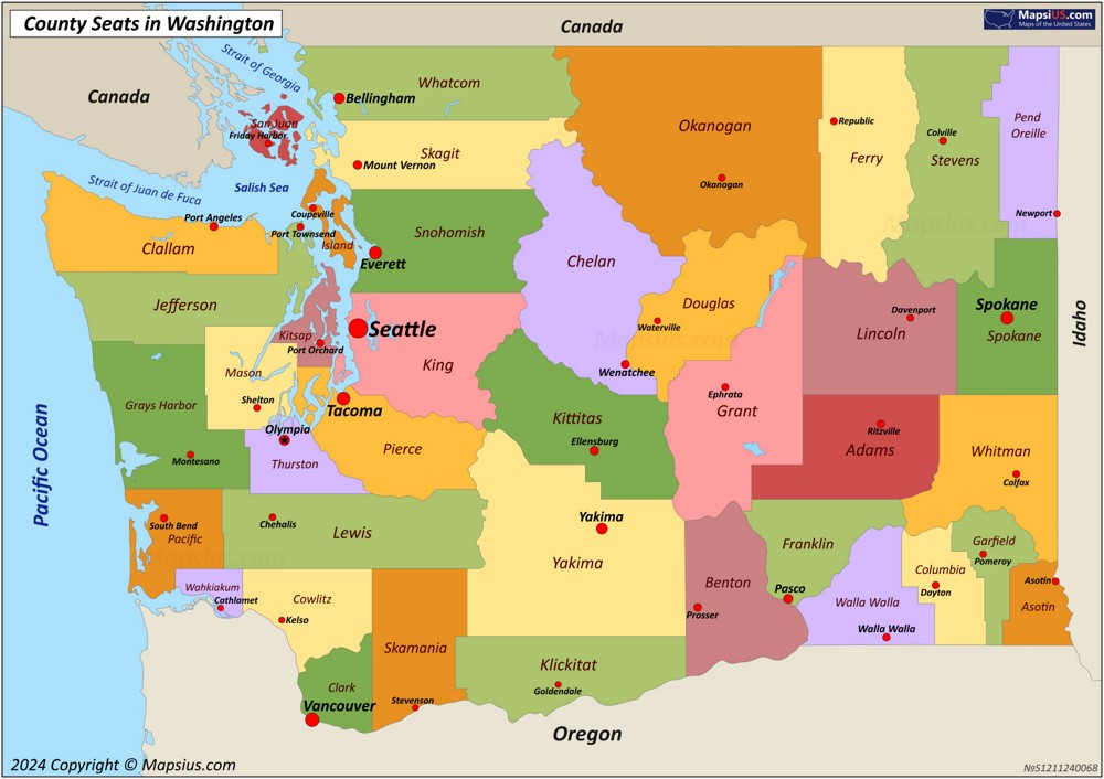 Map of Counties and County Seats in Washington