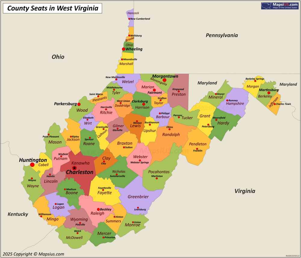 Map of Counties and County Seats in West Virginia