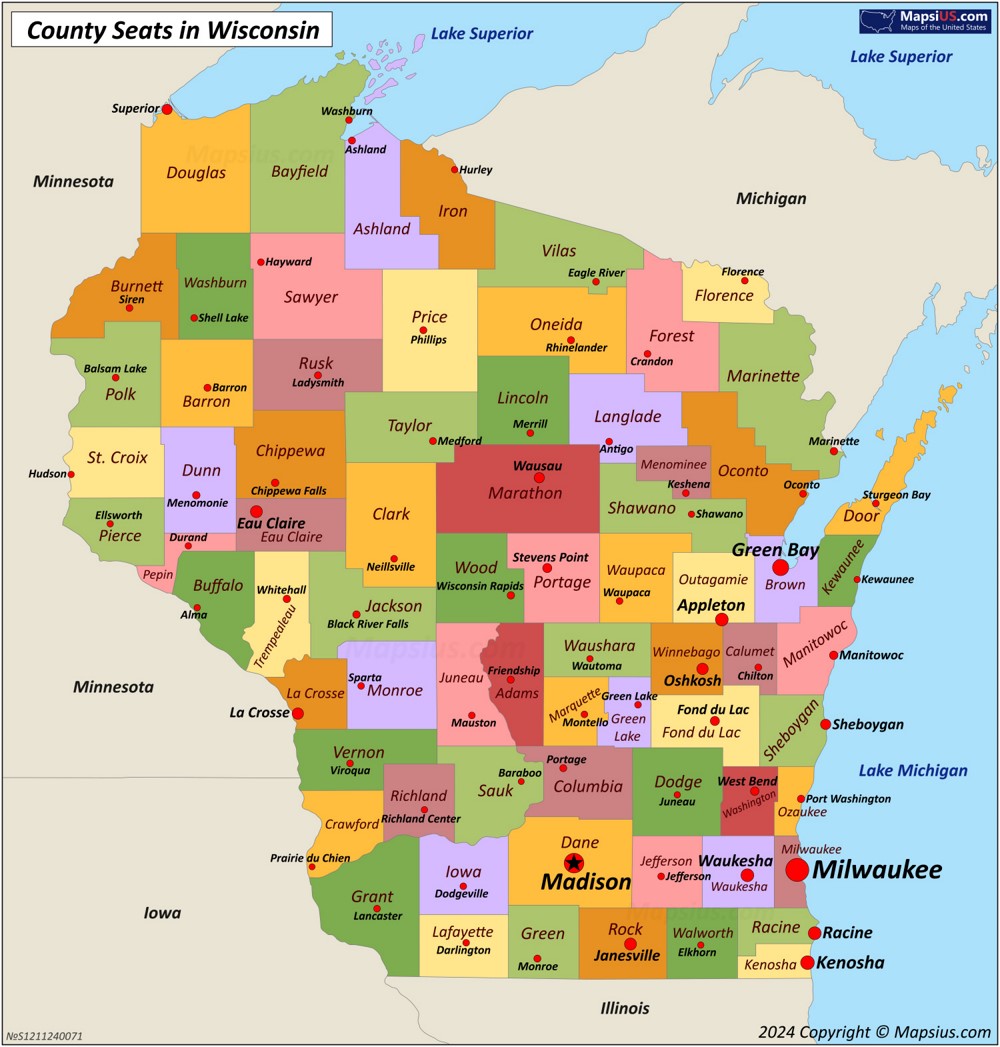 Map of Counties and County Seats in Wisconsin