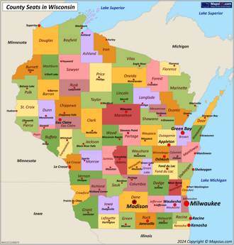 Map of counties and county seats in Wisconsin