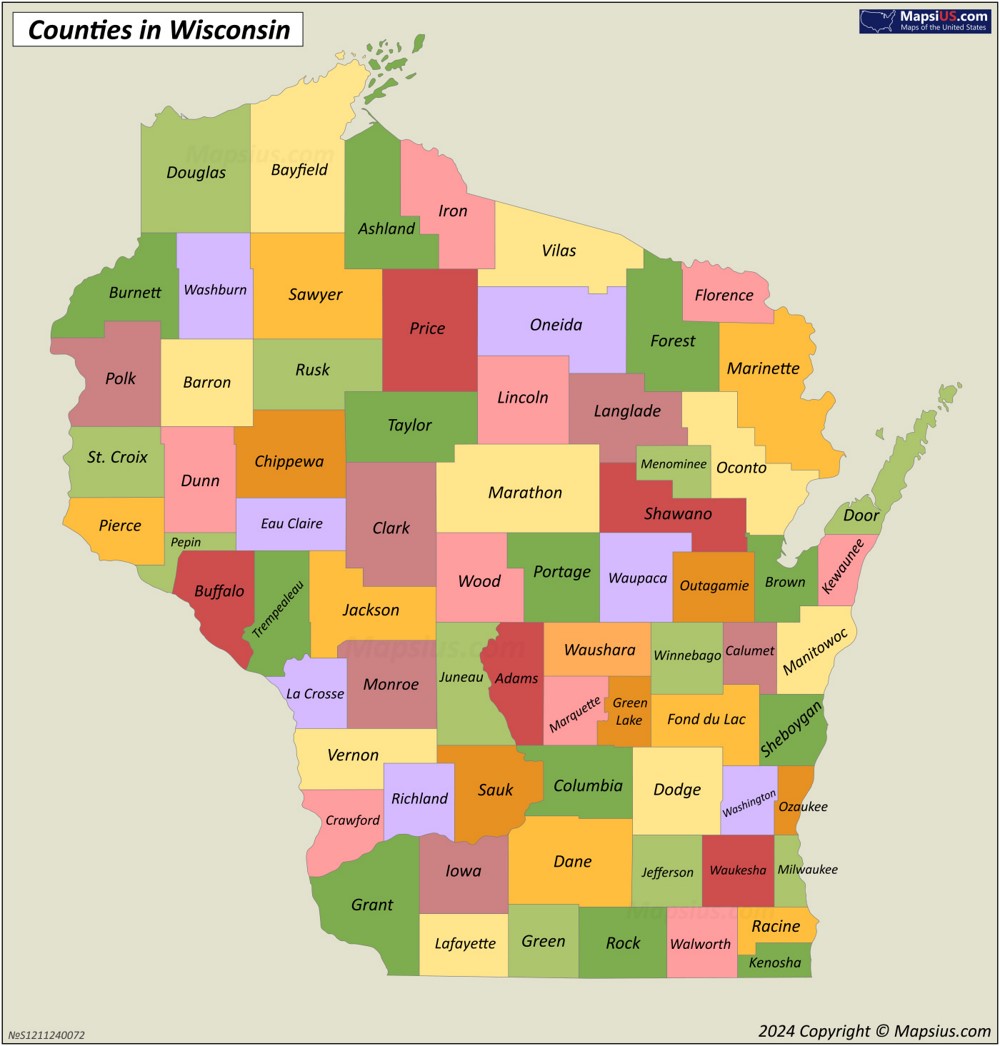 Wisconsin County Map - List of counties in Wisconsin - MapsiUS.com