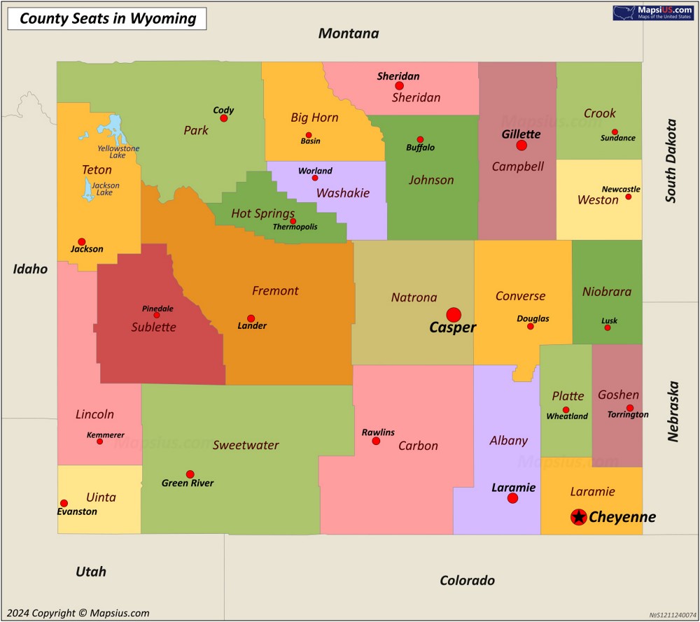 Map of Counties and County Seats in Wyoming